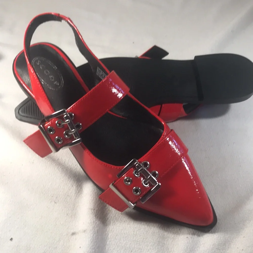 Women’s  Red Vegan Patent Leather Slingback Flats with Double Buckle Detail Sz10